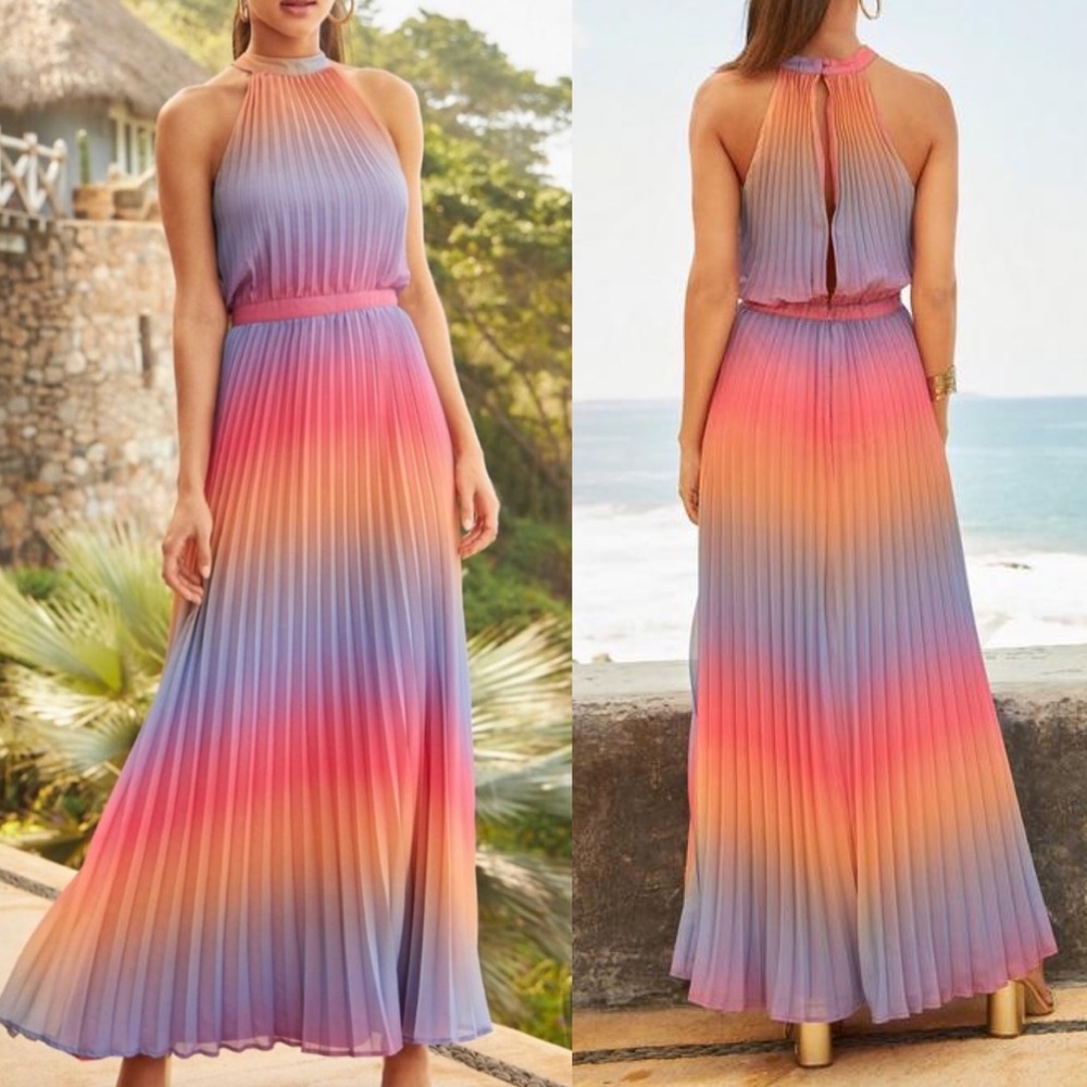 Boston Proper | Sunrise | Ombré | Pleated | Maxi Dress | Gown | Chiffon